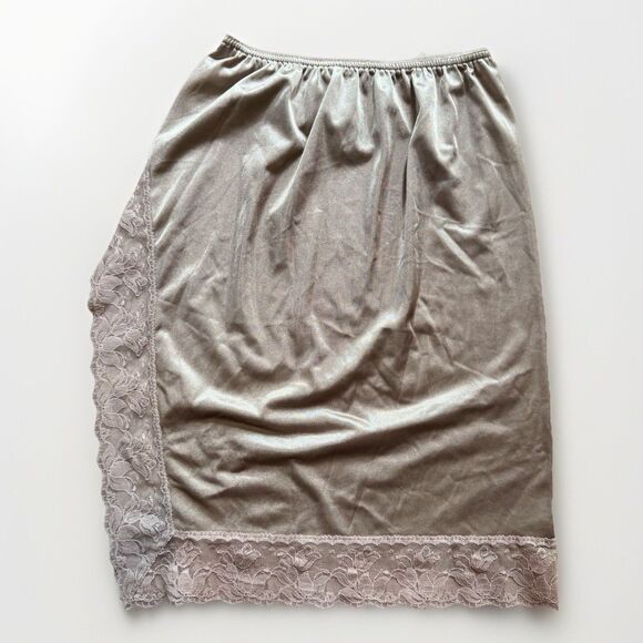 Vintage Flair Half Slip Skirt Side Slit Floral Lace Trim Beige Womens Size Large - Picture 2 of 9